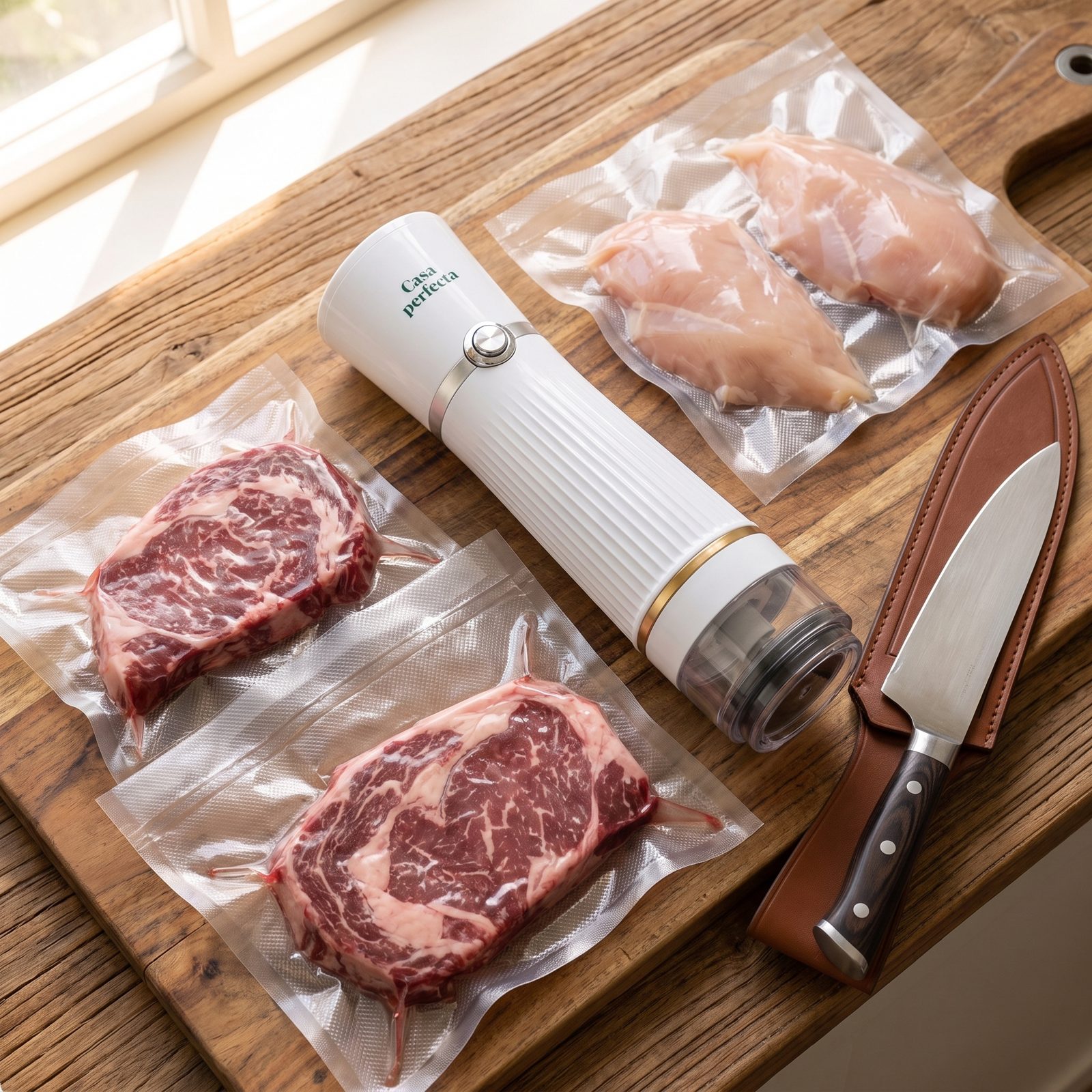 Carne sellada al vacío sobre tabla