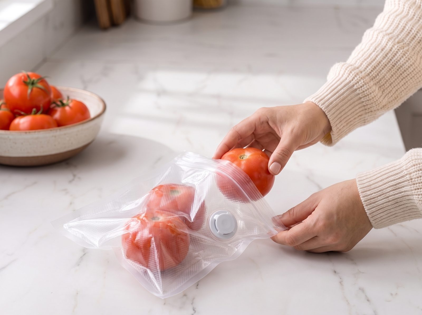 Poné la comida en la bolsa.