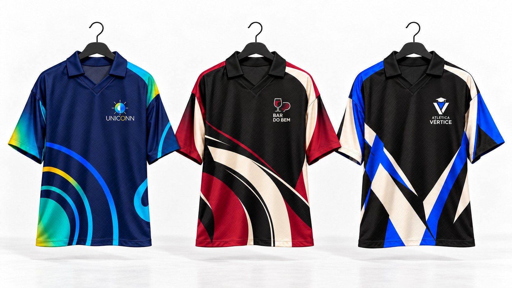 Jerseys personalizadas da UNICONN, Bar do Bem e Atlética Vértice em estúdio branco