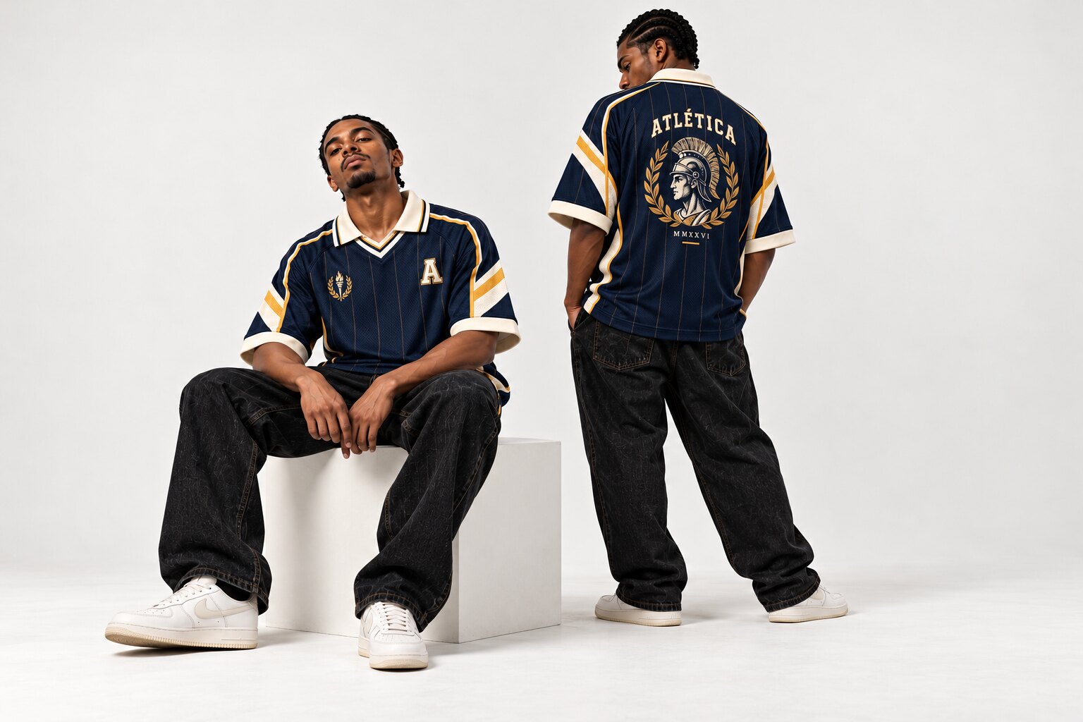 Dois modelos em poses diferentes usando jersey azul-marinho de atlética universitária