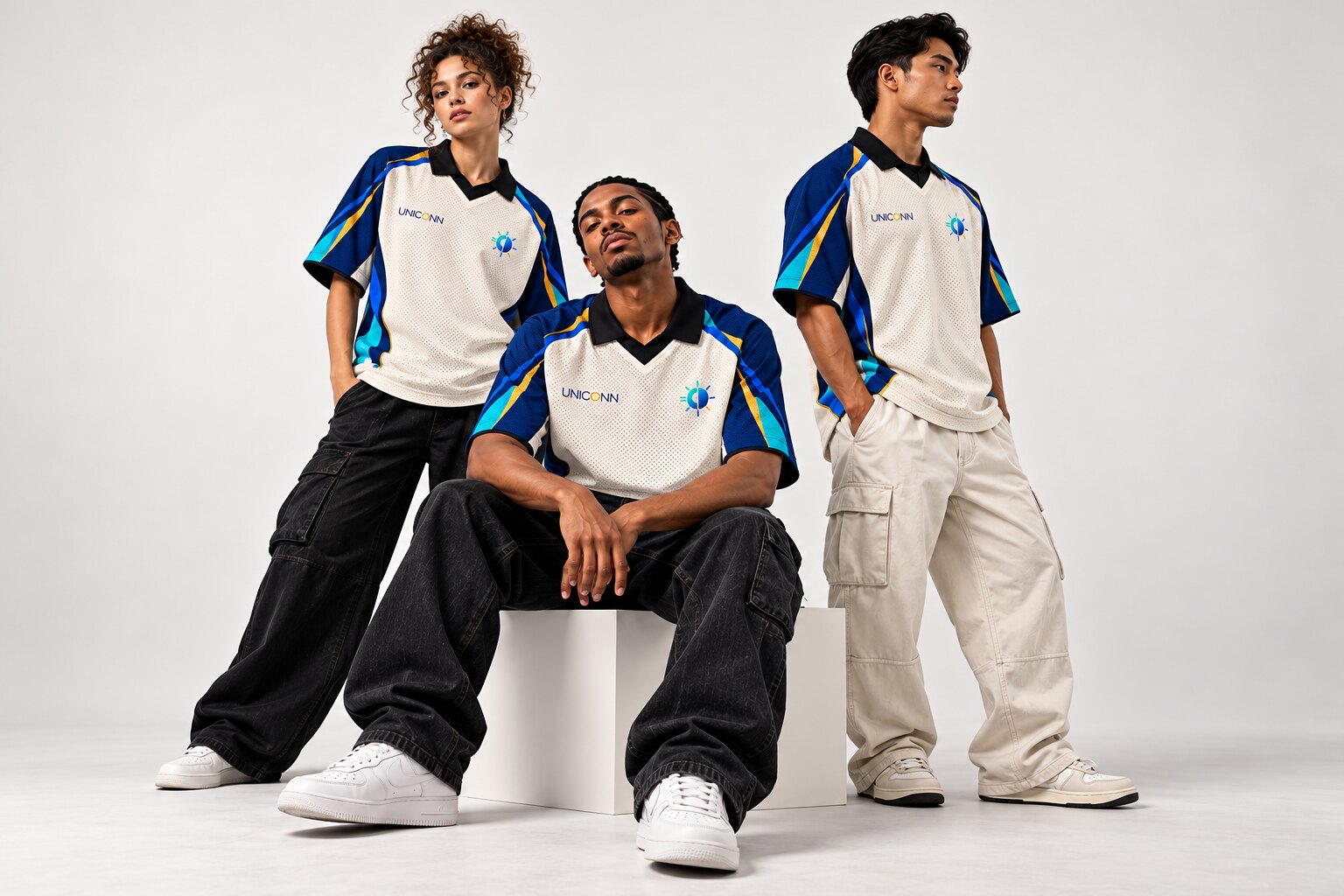 Equipe UNICONN em estúdio usando jersey off-white, azul e turquesa com logos pequenos no peito