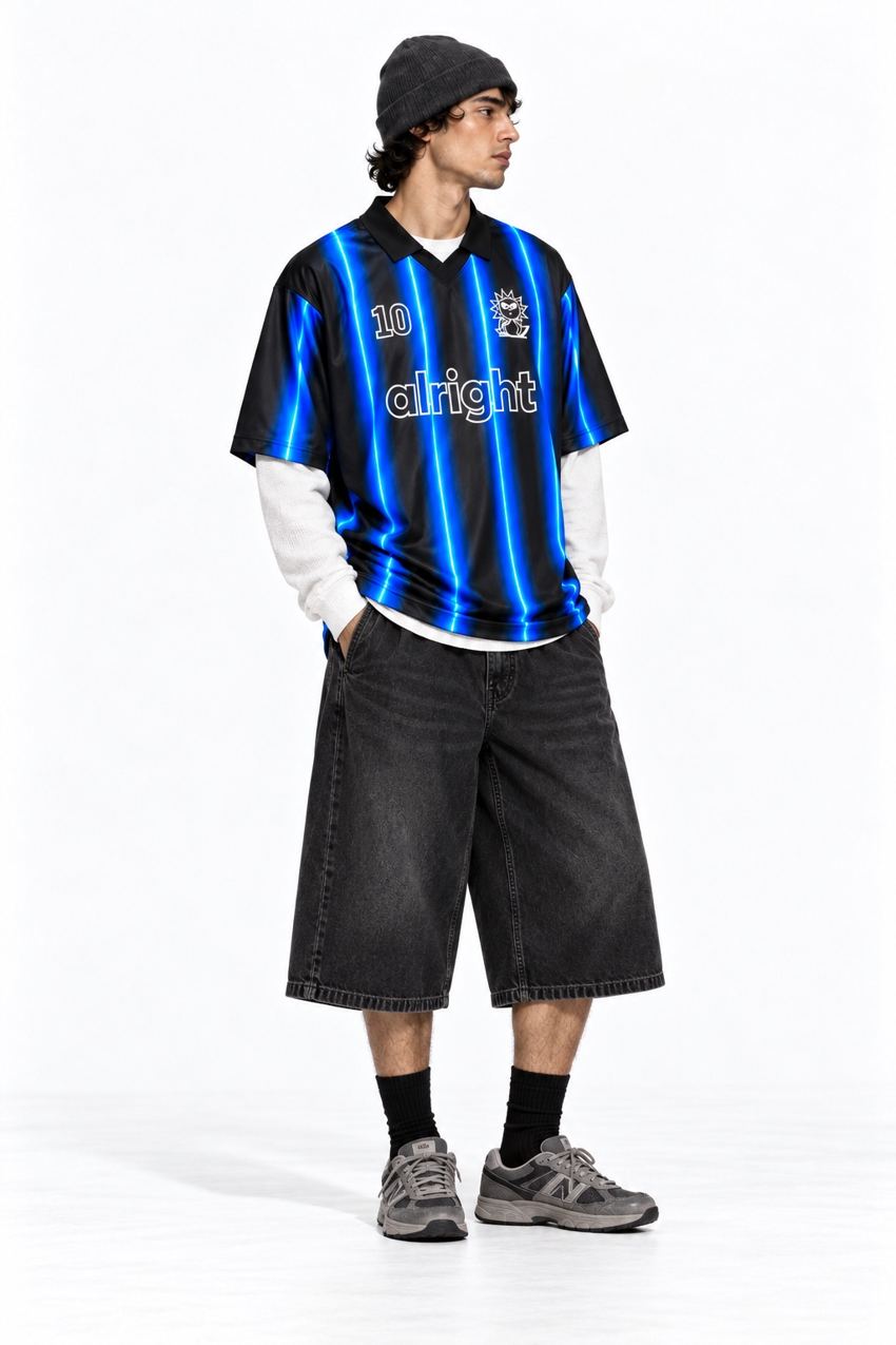 Look streetwear com jersey azul e preta