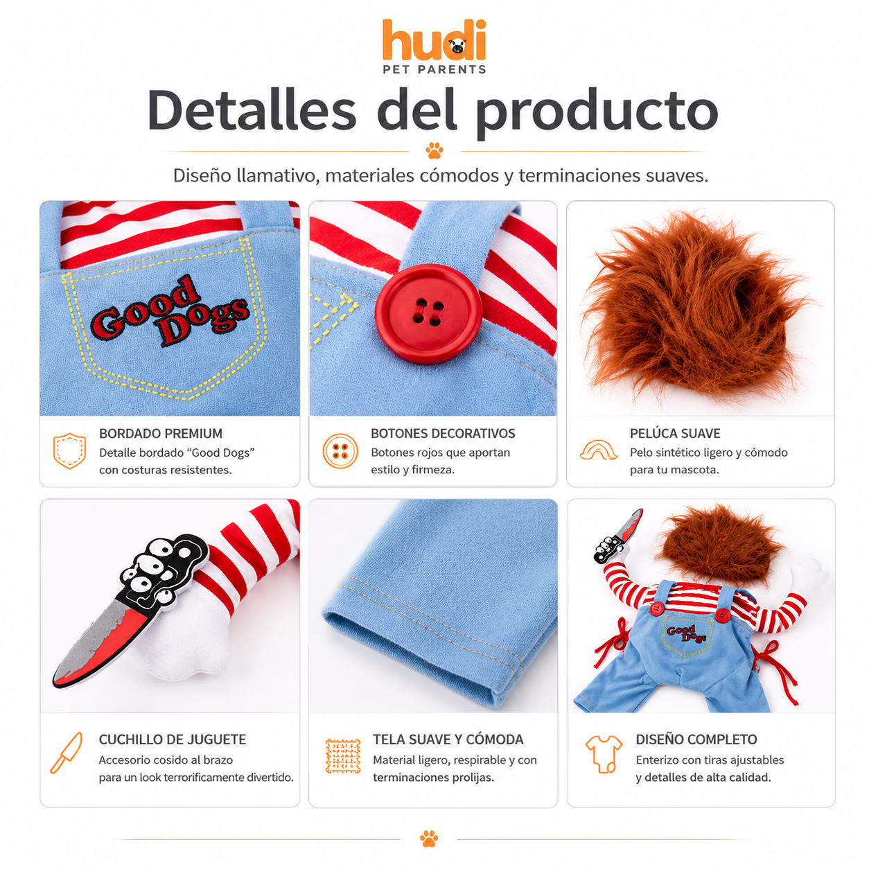Detalles del overol, peluca y brazos de tela de Chucky