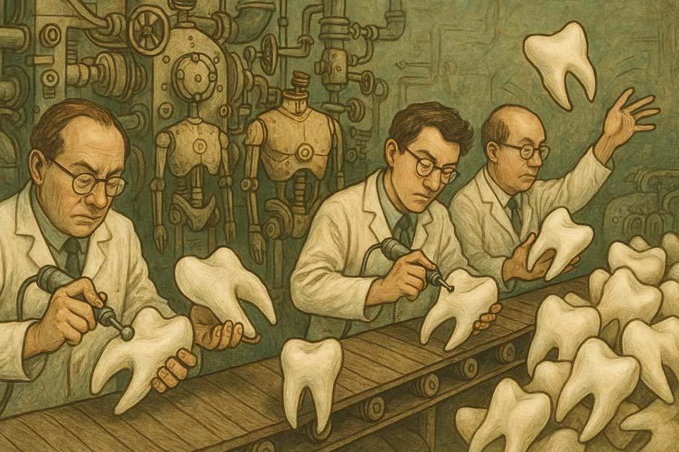 Dentistas idénticos rellenando dientes en una cinta transportadora
