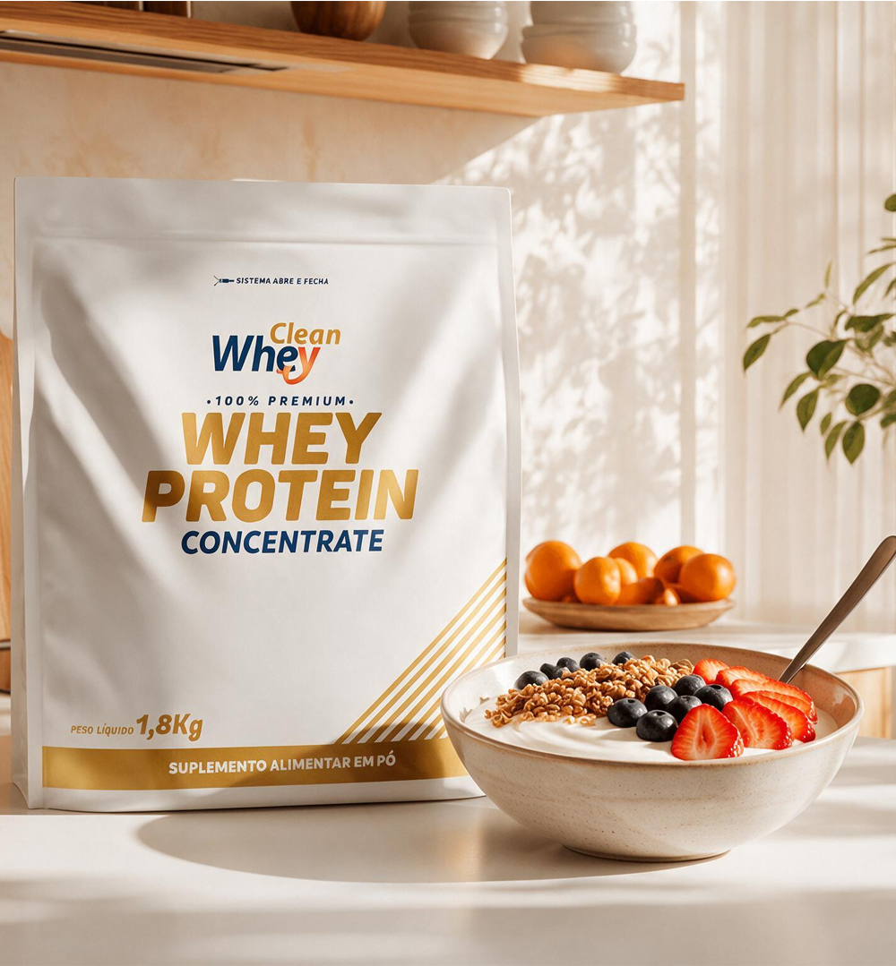 Clean Whey Concentrate com preparação para consumo
