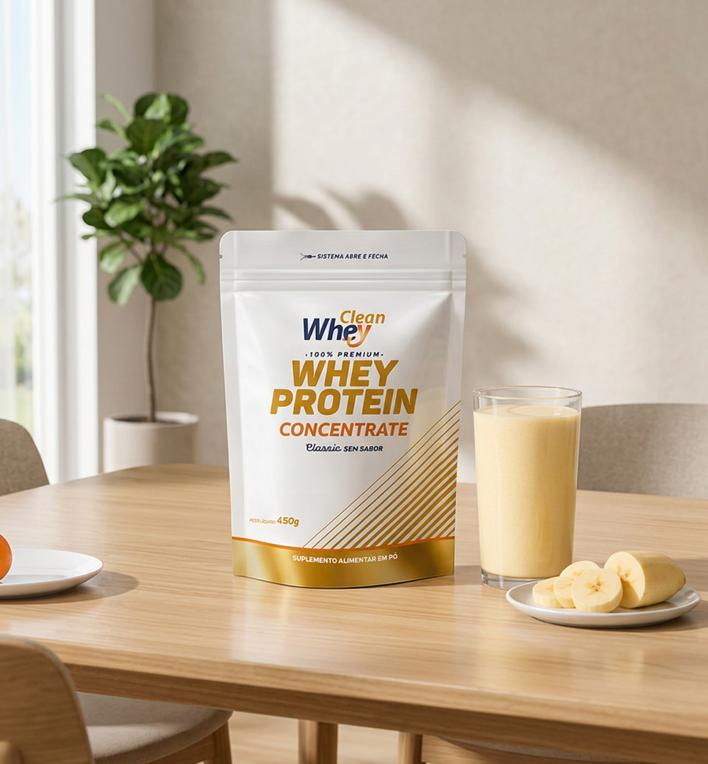 Clean Whey Concentrate com preparação para consumo