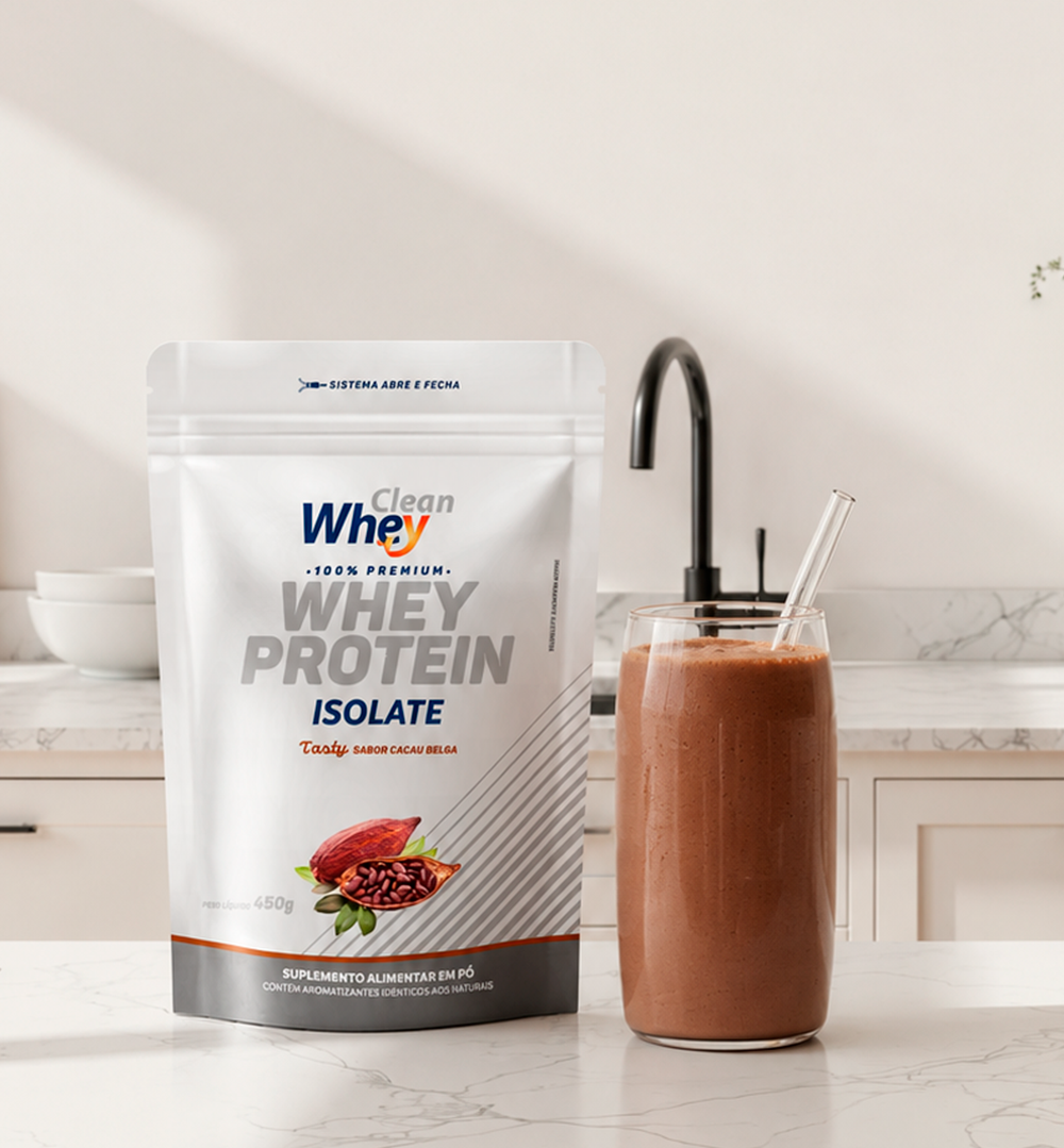 Clean Whey Isolate Tasty Cacau Belga em uma preparação para o consumo