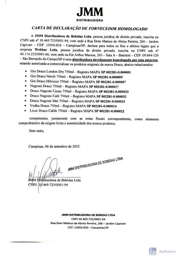 Carta de declara&ccedil;&atilde;o de fornecedor homologado JMM Distribuidora
