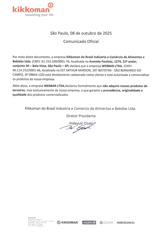 Carta de homologa&ccedil;&atilde;o assinada pela Kikkoman do Brasil