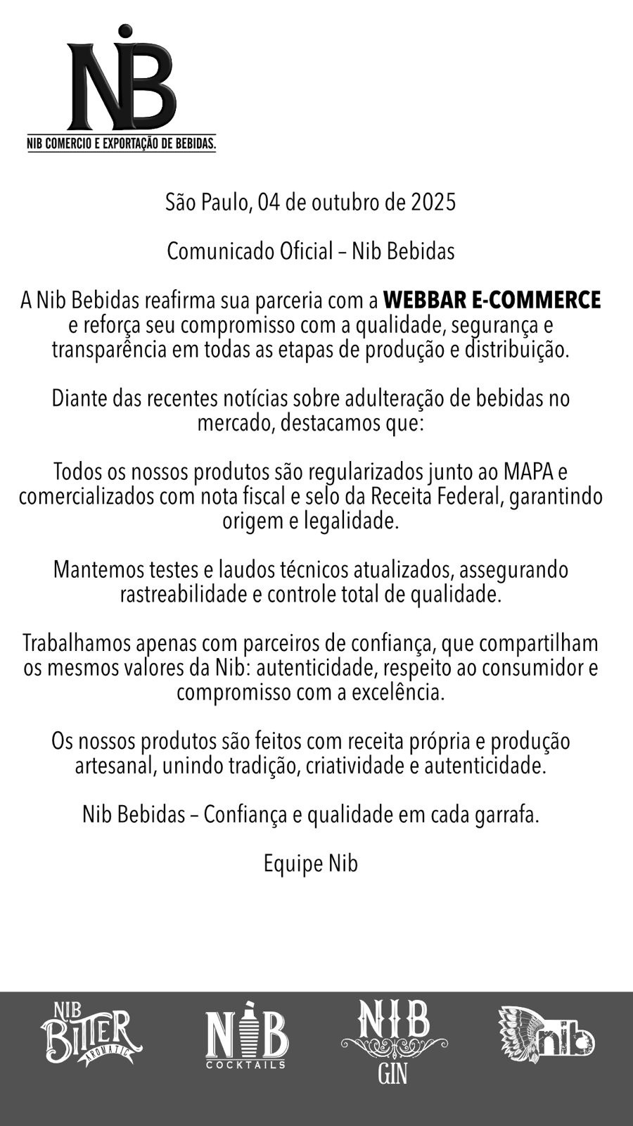 Comunicado oficial assinado pela NIB Bebidas