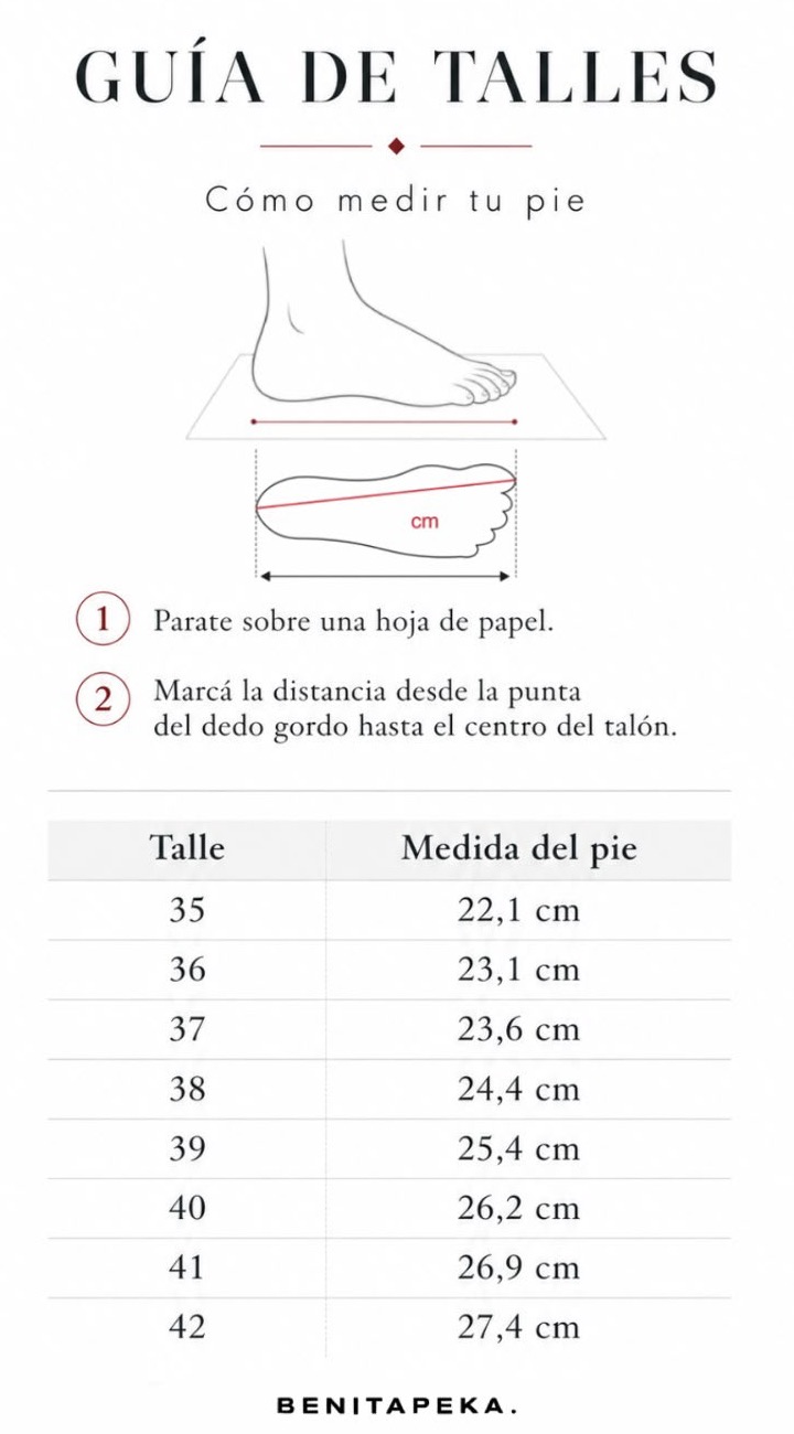 Guía de talles Benitapeka: cómo medir tu pie y equivalencias por talle