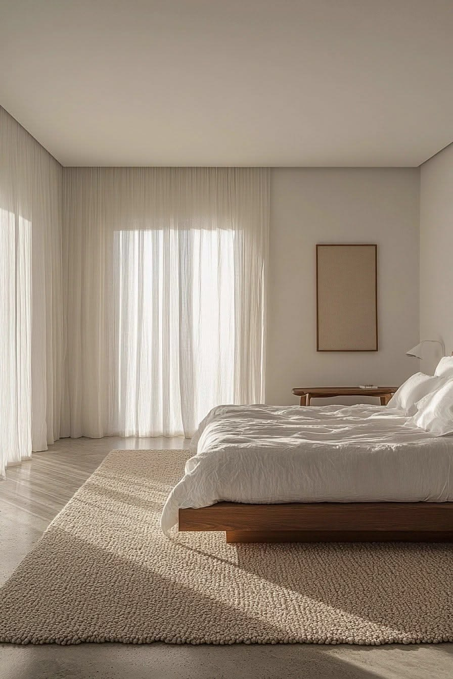 Dormitorio minimalista con cortinas de lino