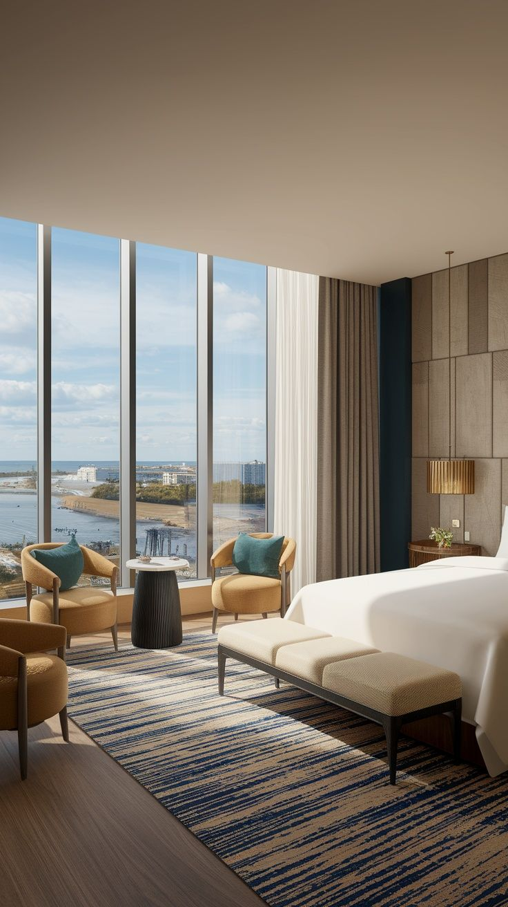 Suite de hotel con ventanal panorámico y vista al mar