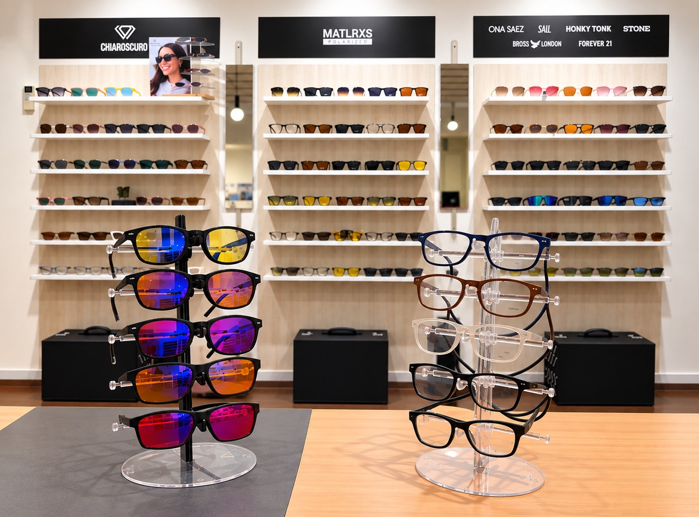 Exhibidores Loveli con armazones y anteojos de sol de nuestras marcas
