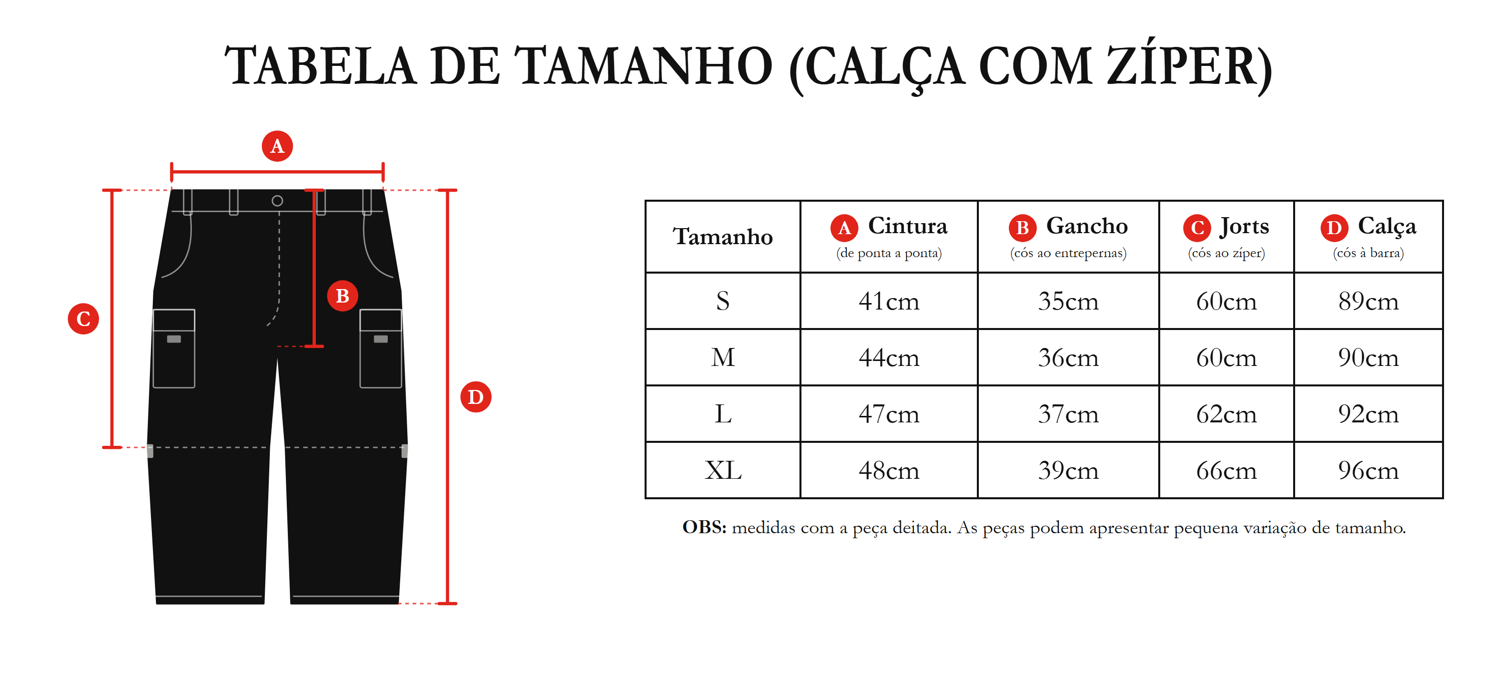 Tabela de medidas Calça/Jorts com Zíper: medidas A, B, C, D em cm