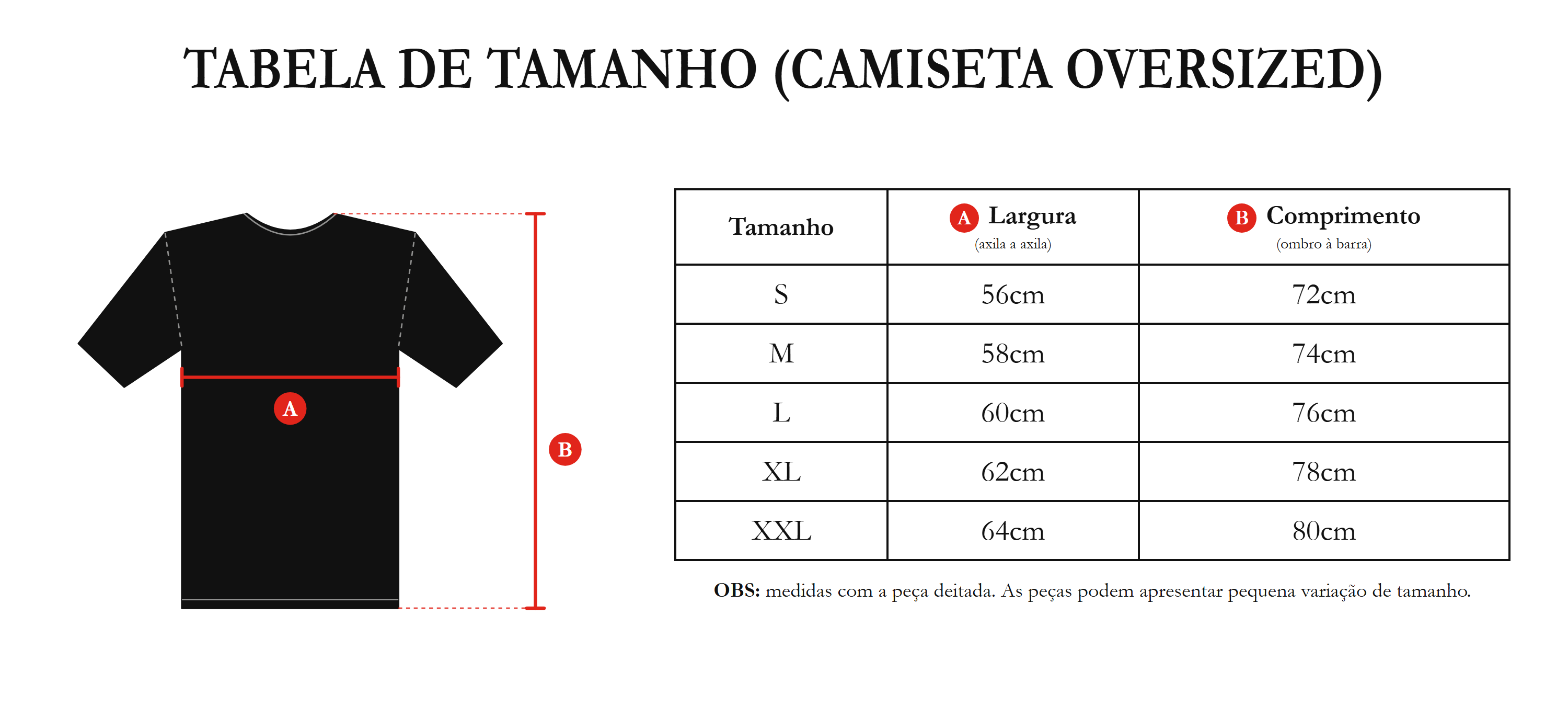 Tabela de medidas Camiseta Oversized: medidas A, B em cm