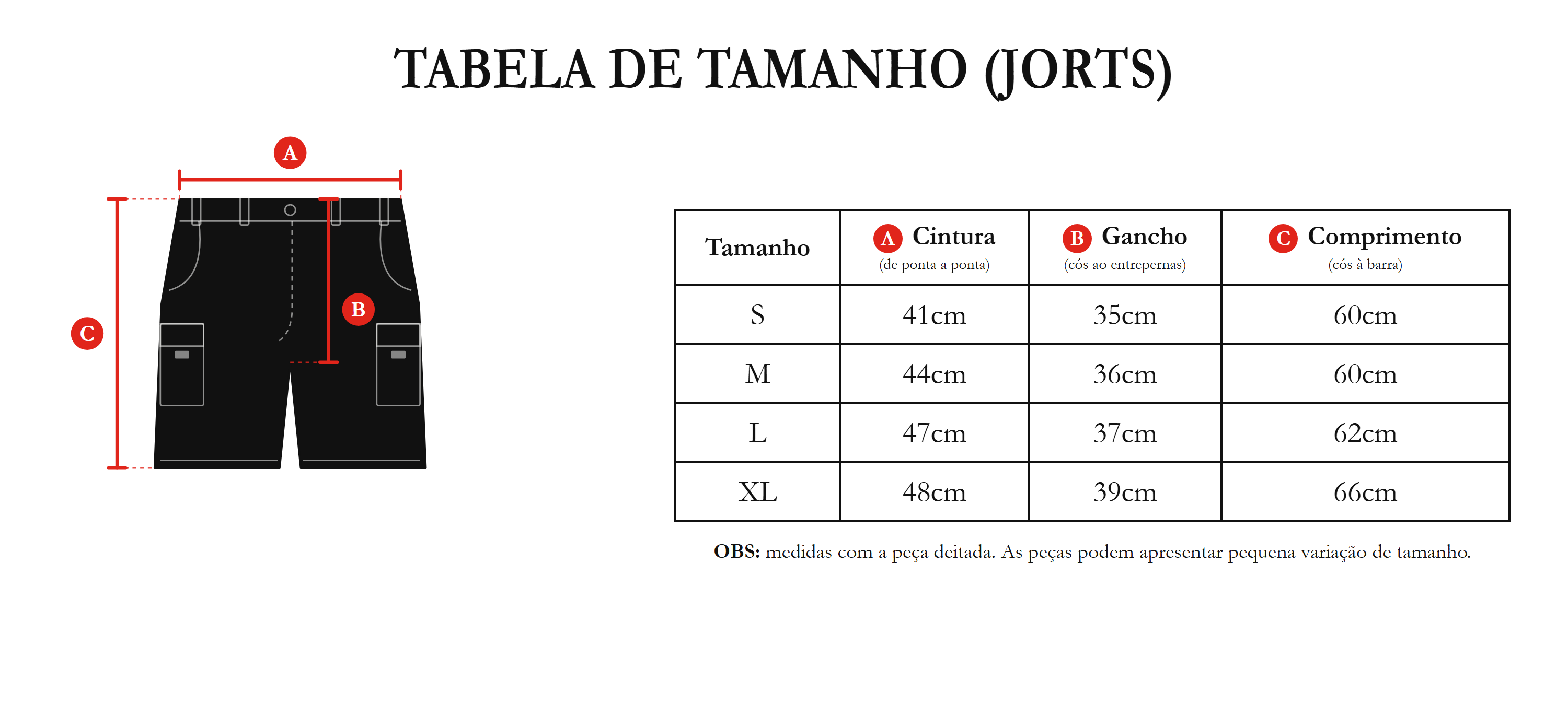 Tabela de medidas Jorts: medidas A, B, C em cm