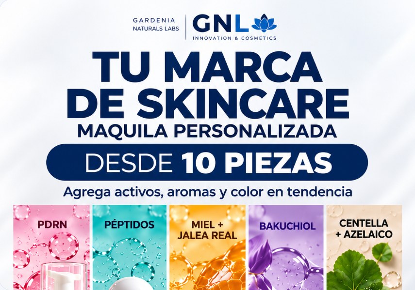 Tu marca de skincare: maquila personalizada desde 10 piezas. Agrega activos, aromas y color en tendencia: PDRN, péptidos, miel + jalea real, bakuchiol, centella + azelaico.