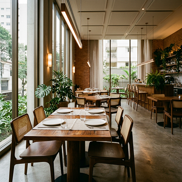 Interior de restaurante contemporâneo com mesas postas e luz natural