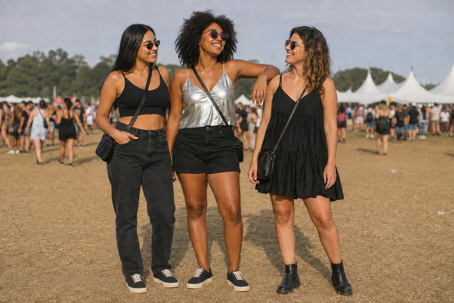 Três combinações femininas para festival: jeans com cropped, short com top prateado e vestido preto com bota baixa.