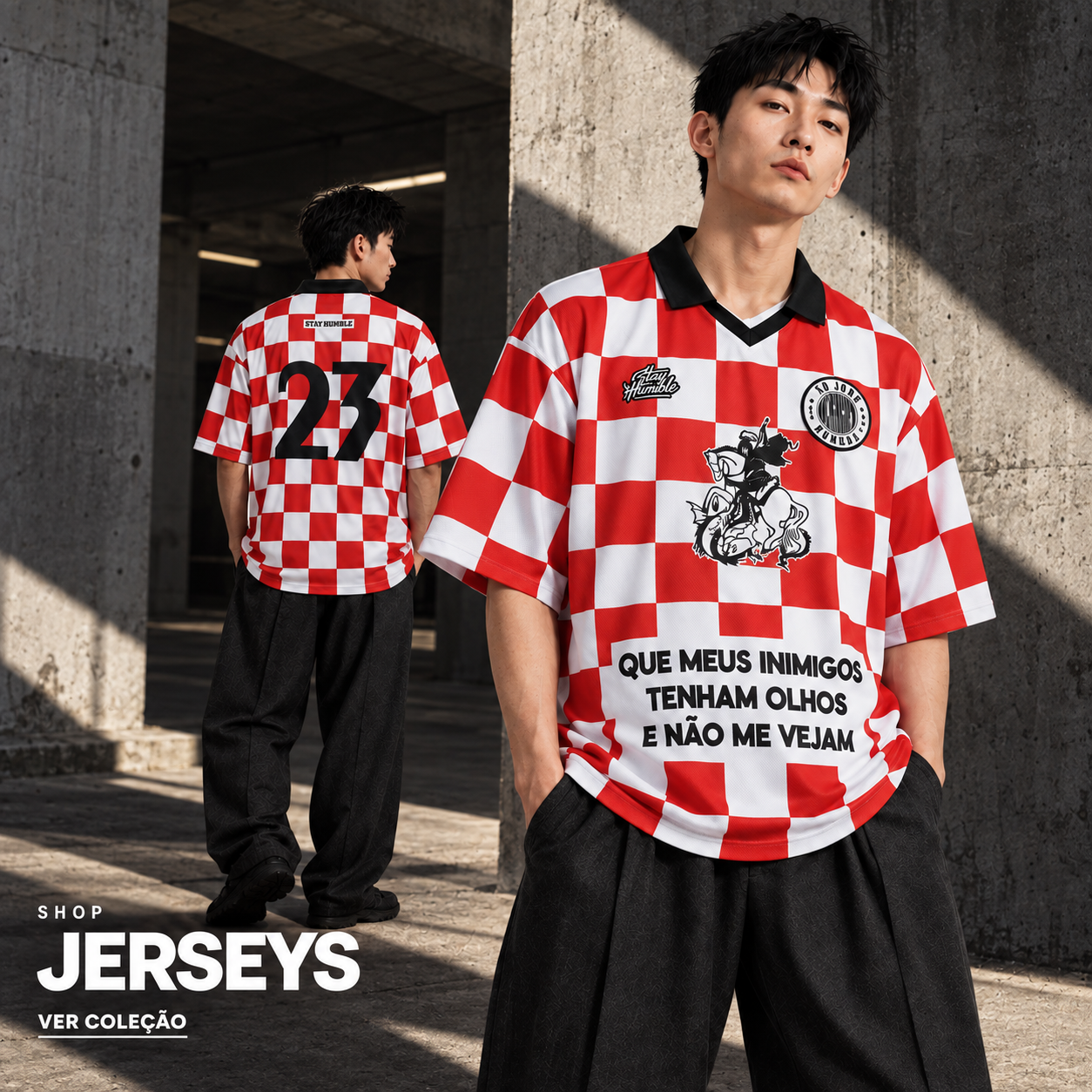 Jersey São Jorge vermelha e branca, vista de frente e costas — Shop Jerseys, ver coleção
