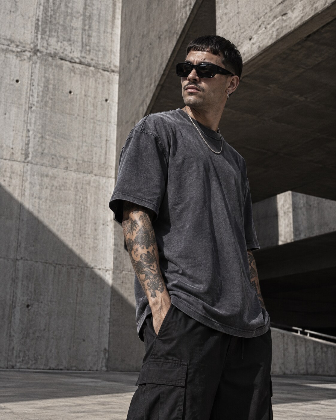 Modelo vestindo camiseta oversized washed grafite