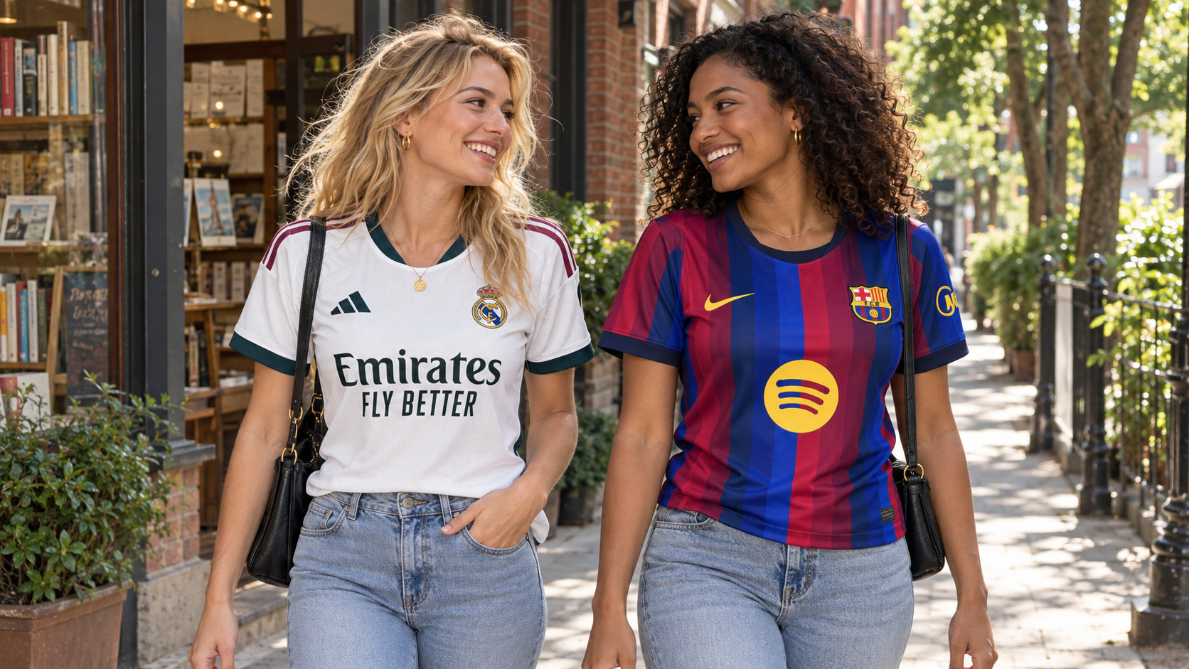 Duas amigas usando as camisas femininas de Real Madrid e Barcelona Home 26/27 em uma rua arborizada