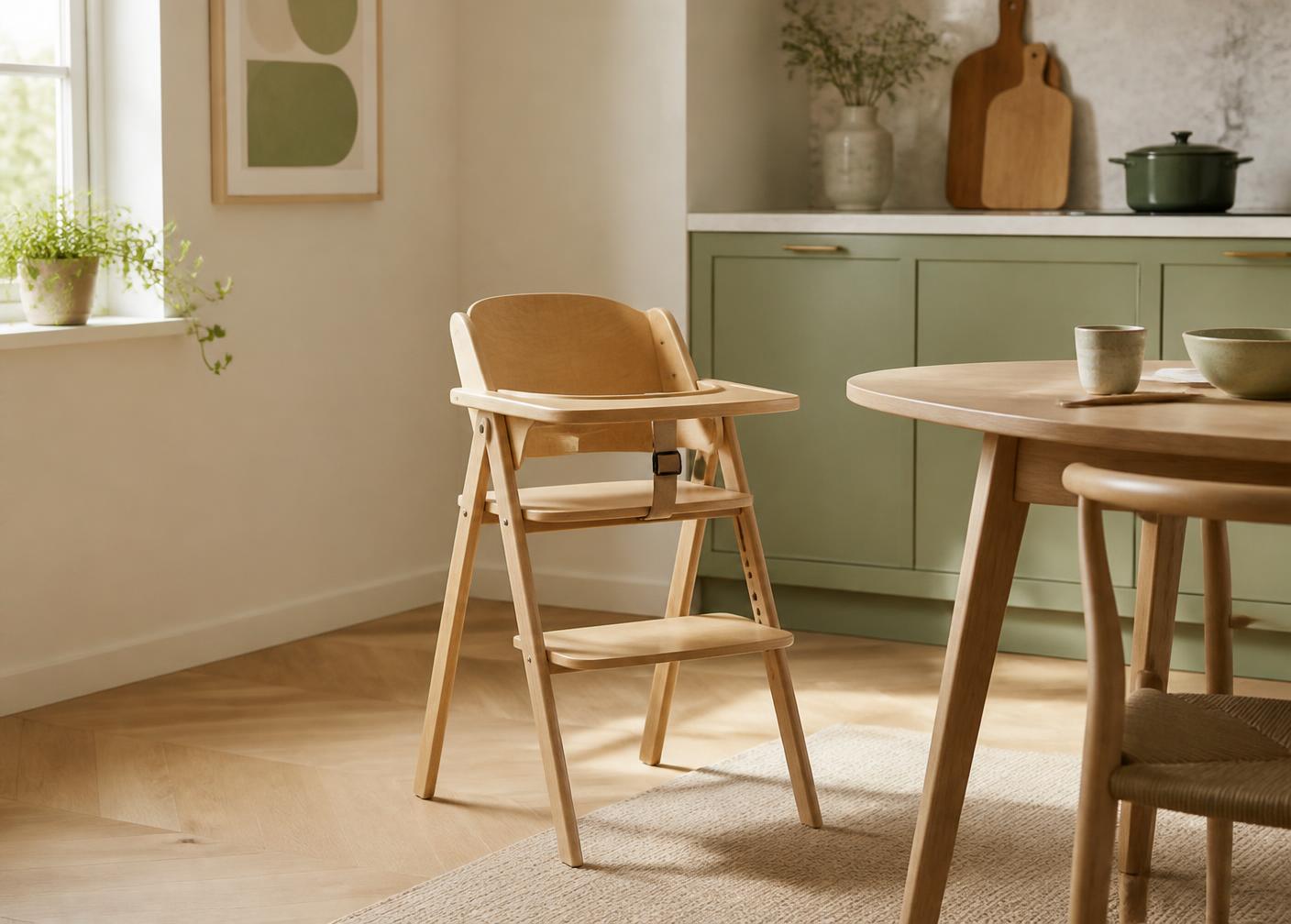 Cadeira Tripp Trapp da Stokke em uma cozinha iluminada