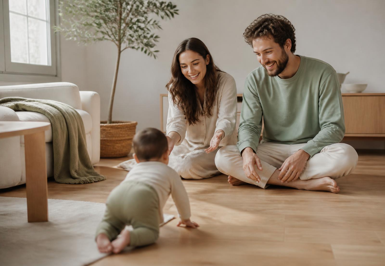 Família brincando com o bebê na sala de casa
