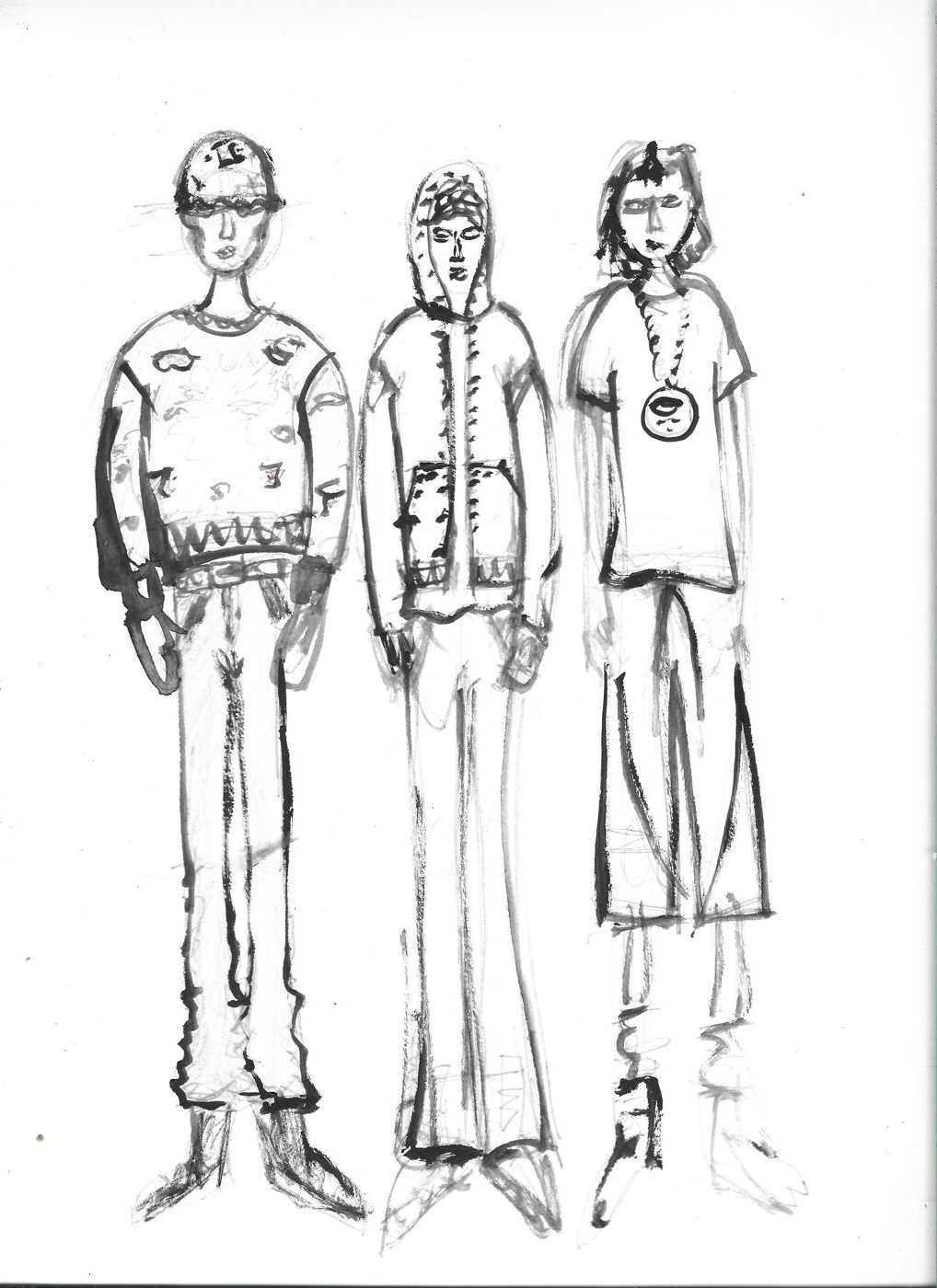 Ilustración en tinta: tres siluetas de looks
