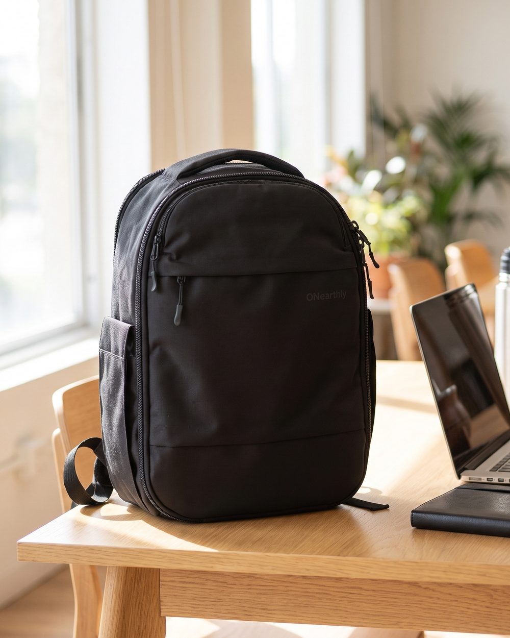Mochila ONearthly Negra sobre un escritorio, junto a una notebook, un termo y un mate
