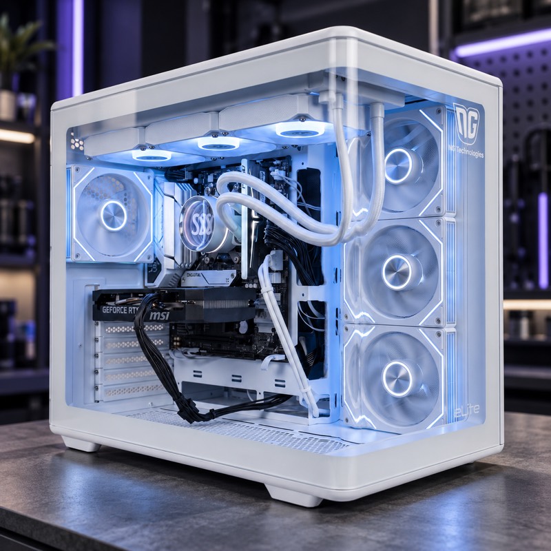 Detalle de una PC blanca NG armada con refrigeración líquida