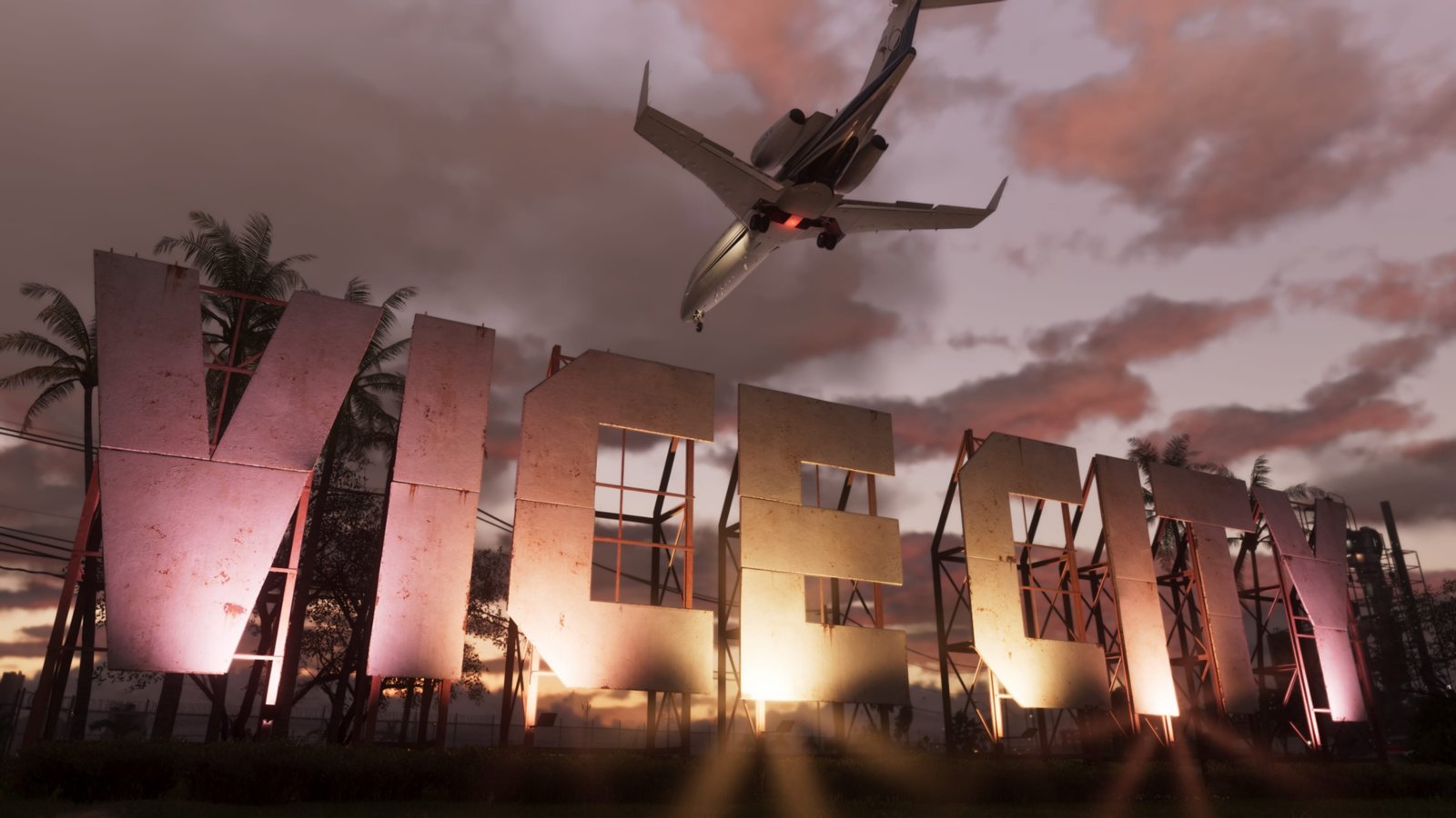 Imagen oficial de Grand Theft Auto VI: el cartel de Vice City al atardecer