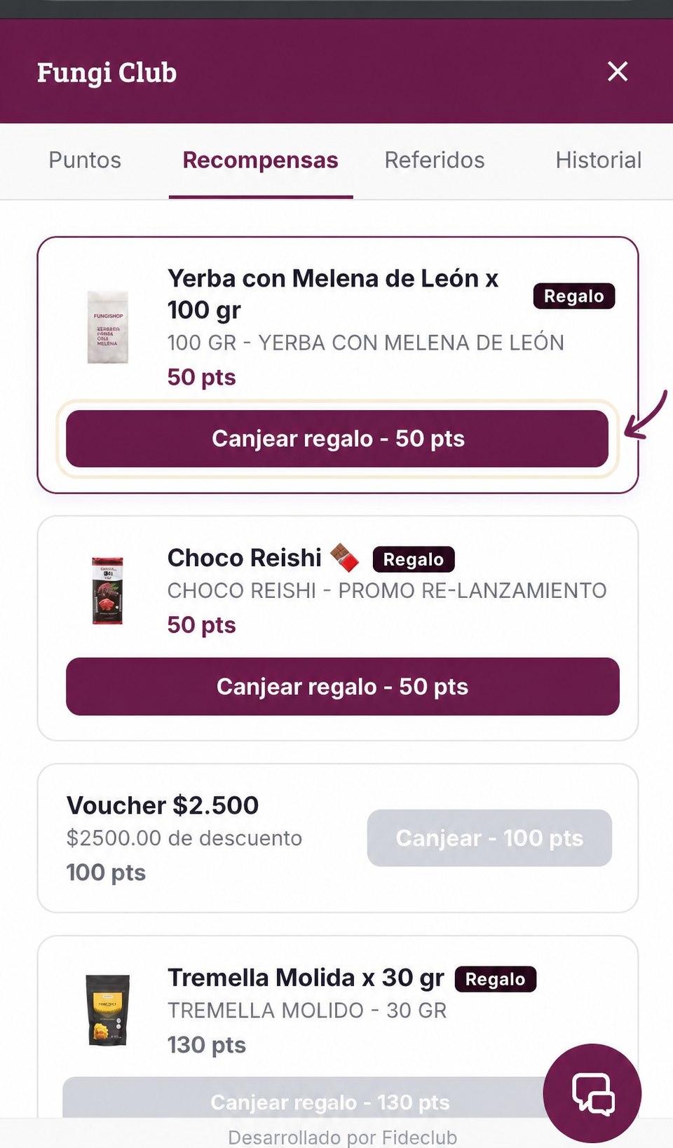 Botón para canjear una recompensa señalado