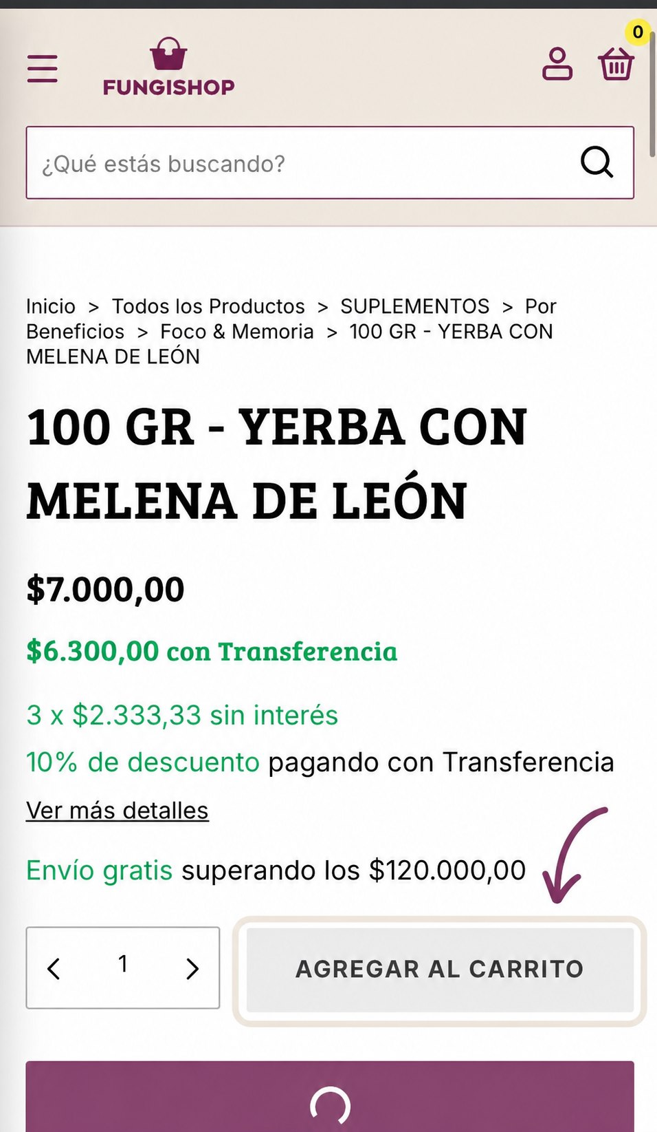 Botón Agregar al carrito señalado