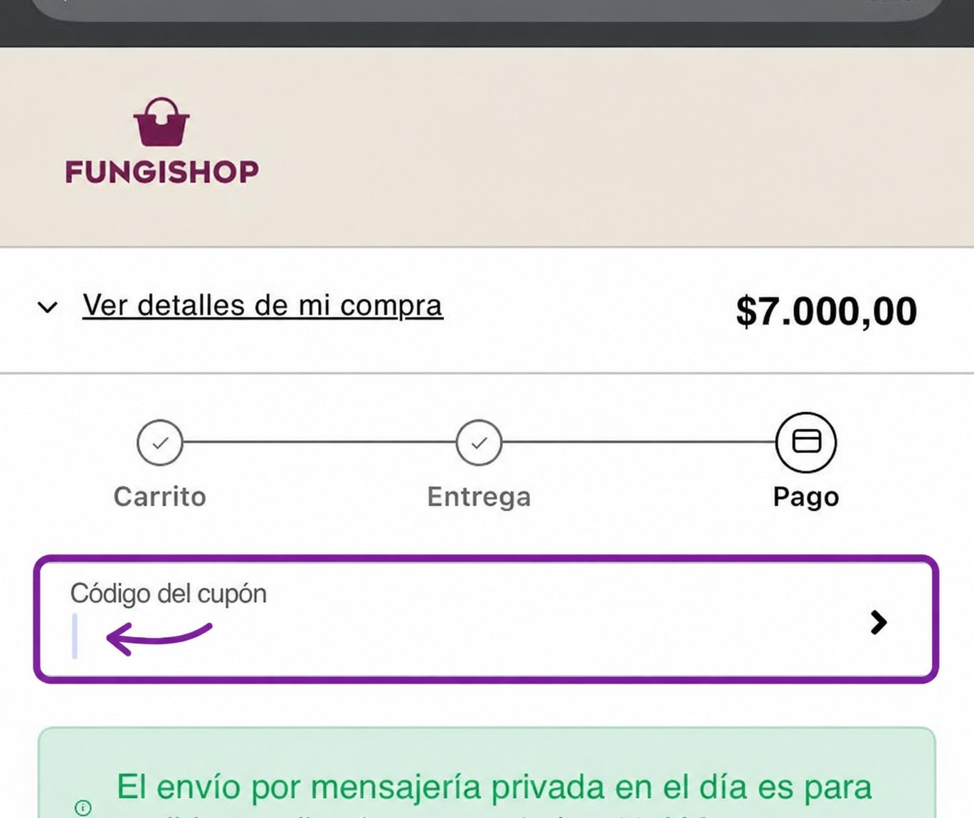 Campo Código del cupón señalado