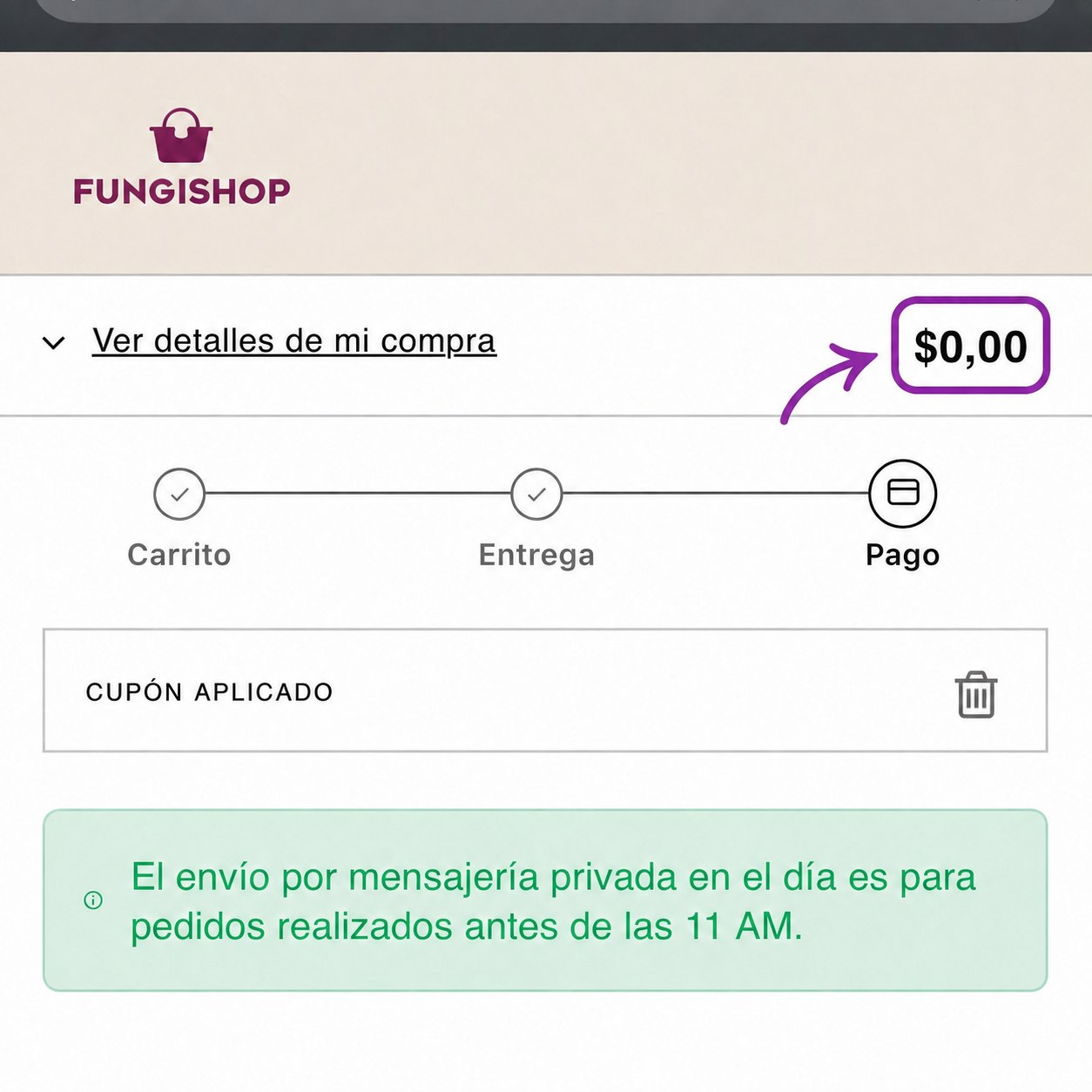 Total en cero señalado después de aplicar el cupón