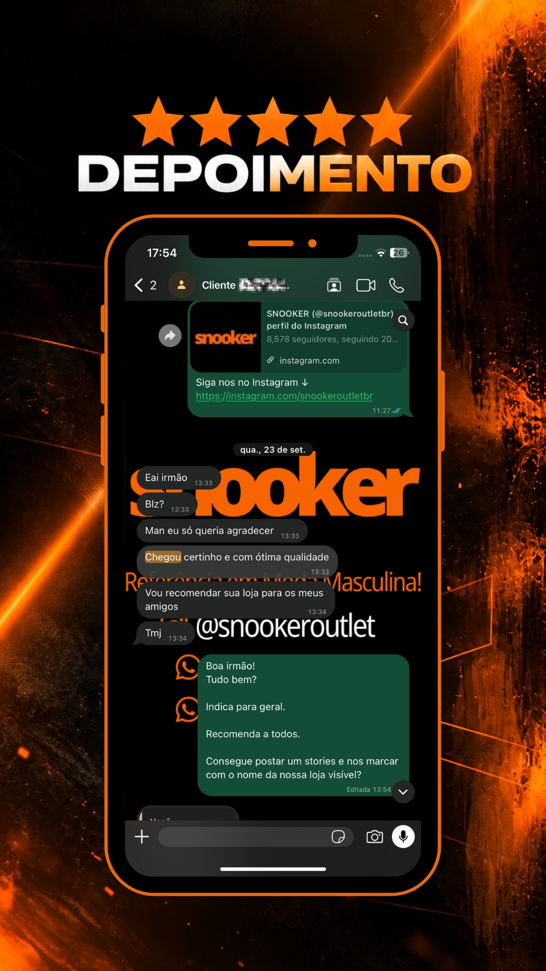Depoimento de cliente Snooker Outlet