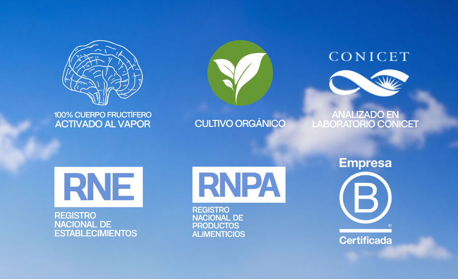 100% Cuerpo Fructífero · Cultivo Orgánico · Analizado en CONICET · RNE · RNPA · Empresa B Certificada — Fungi Melena