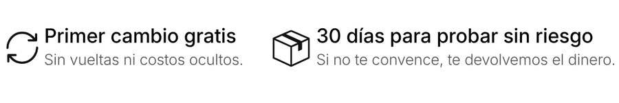 Beneficios de compra: Cambio gratis, 30 días de prueba, compra segura
