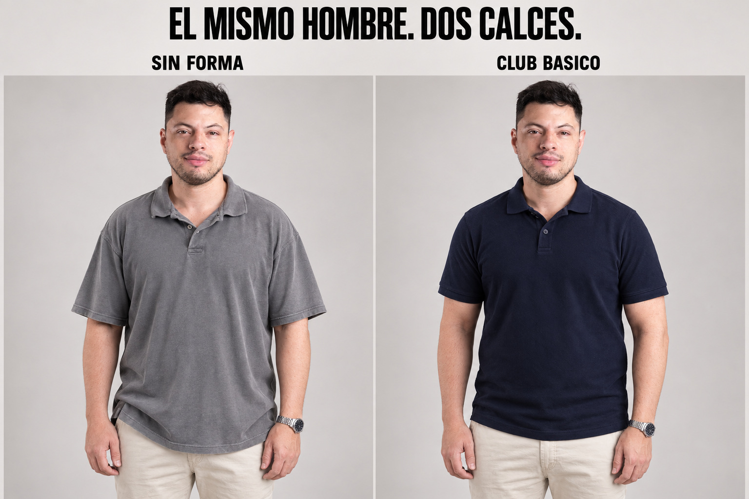 Comparación ilustrativa de Emiliano con una chomba holgada y descuidada y con la Chomba Piqué Blend Club Basico