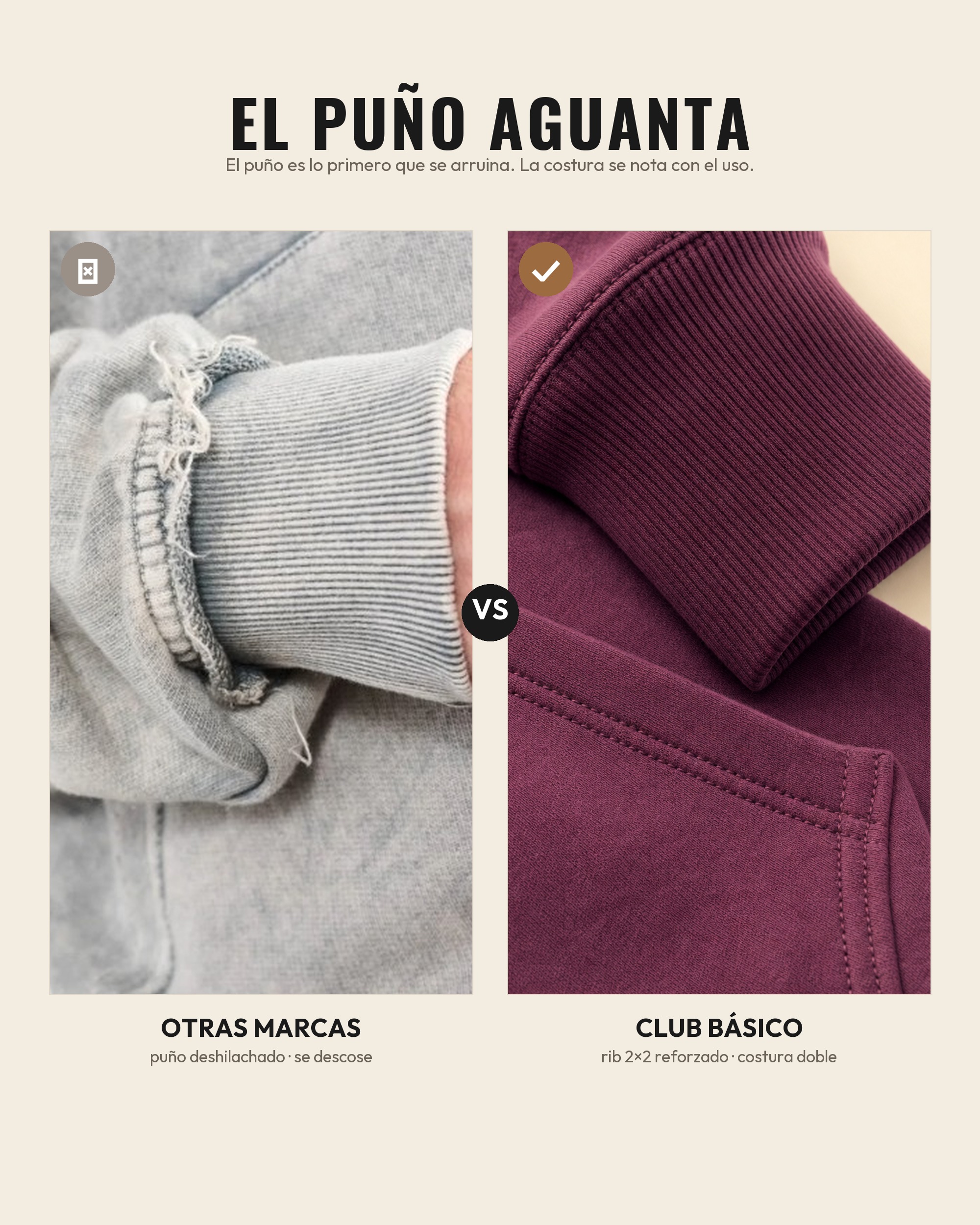 Puños: deshilachado vs rib reforzado