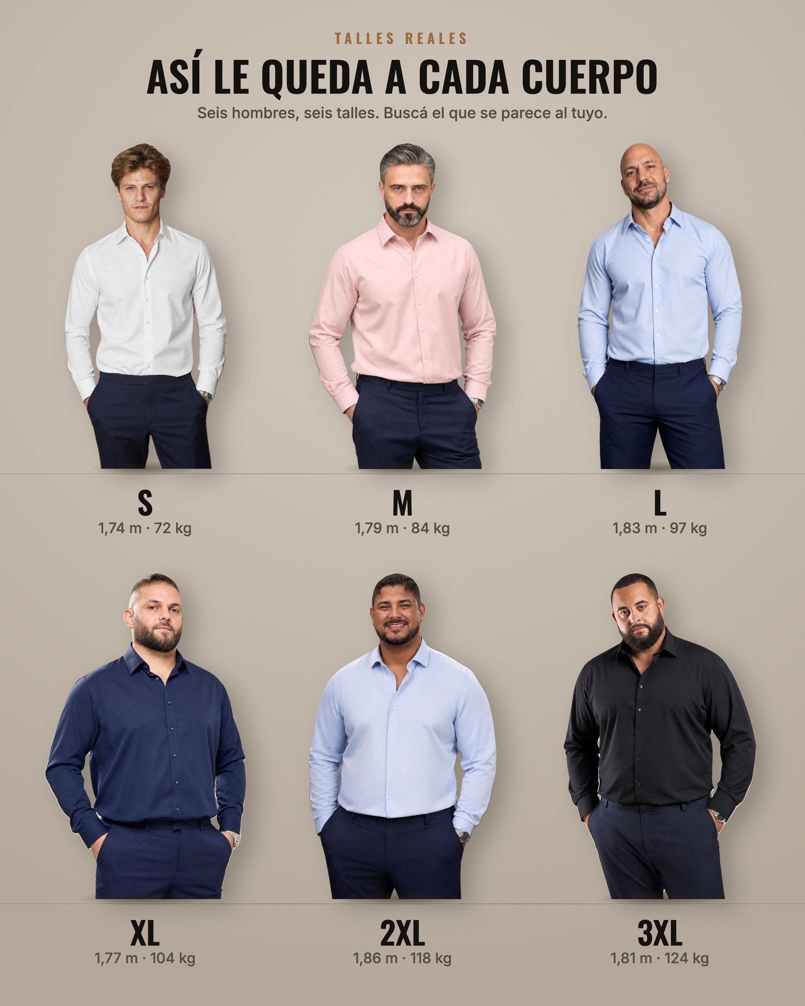 Los 6 talles de la Camisa Elastizada sobre personas reales, del S al 3XL, con su altura y peso
