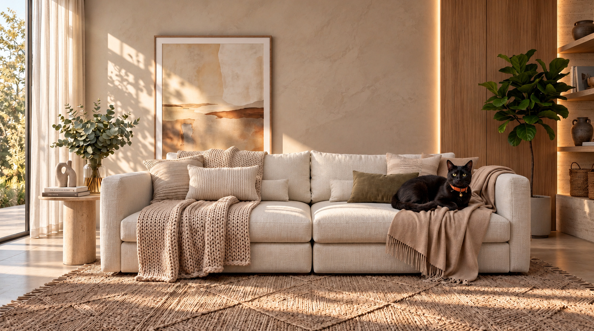 Sala com sofá claro, mantas em tons suaves e um gato preto, iluminada pela luz natural.