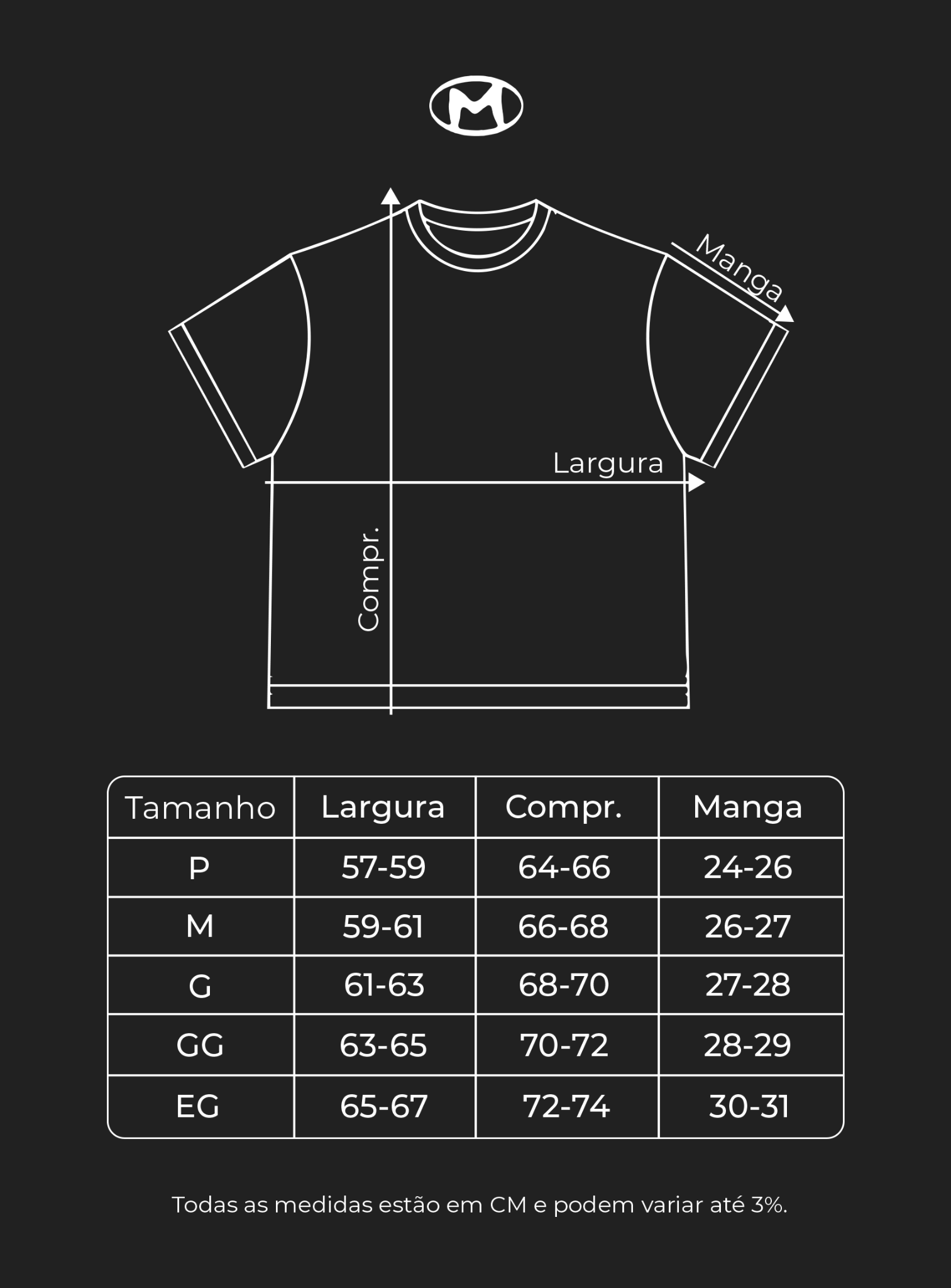 Tabela de medidas da camiseta BOXY, em centímetros