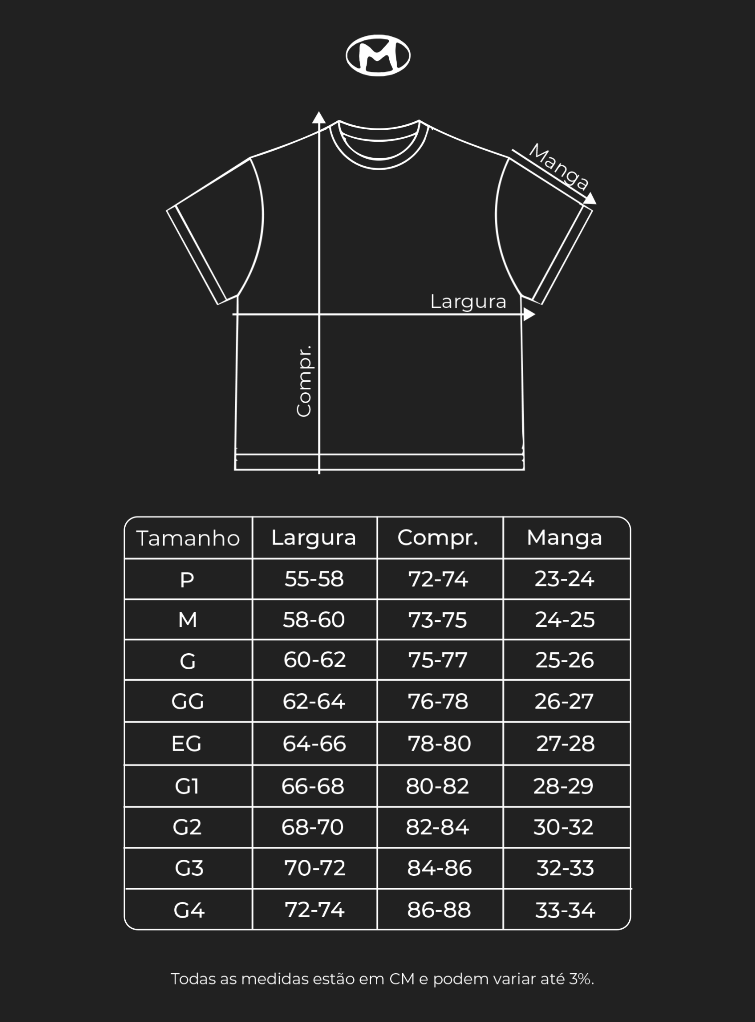 Tabela de medidas da camiseta OVERSIZED, em centímetros