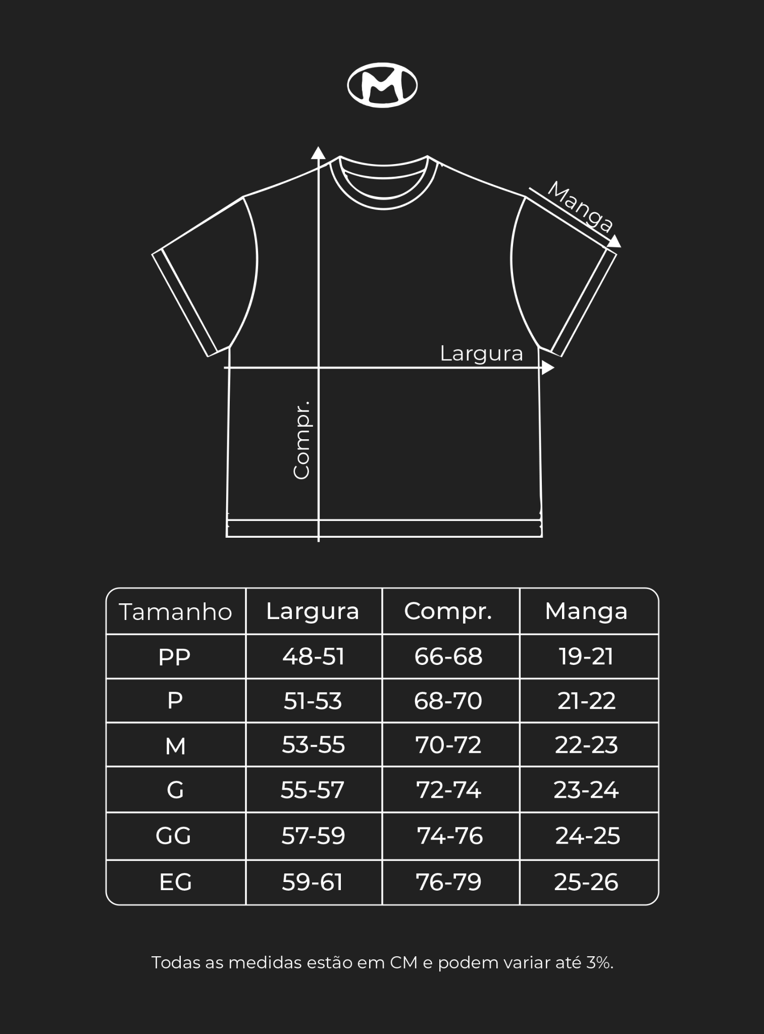 Tabela de medidas da camiseta REGULAR, em centímetros