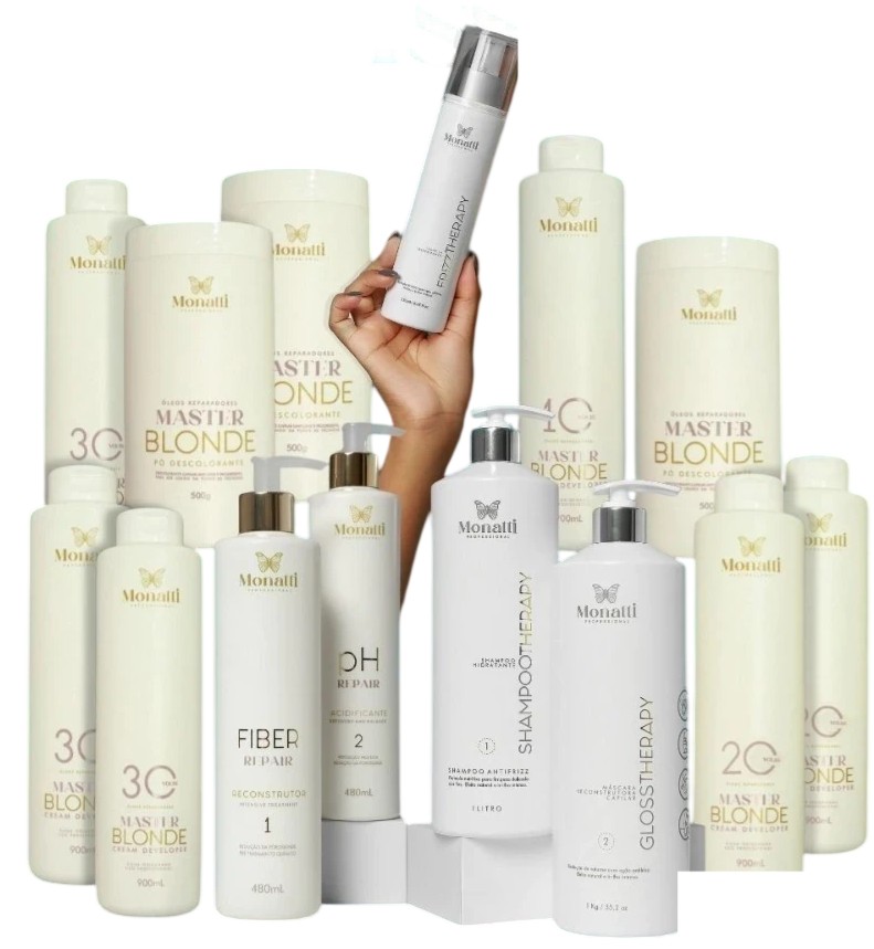 Kit Master Profissional Monatti: pós descolorantes, oxidantes, Fiber Repair, pH Repair e linha Therapy