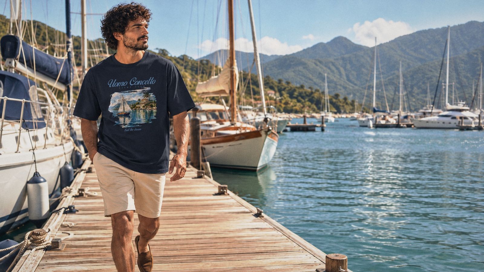 Modelo caminhando no píer do iate clube em Ilhabela, vestindo a Yacht Club azul-marinho