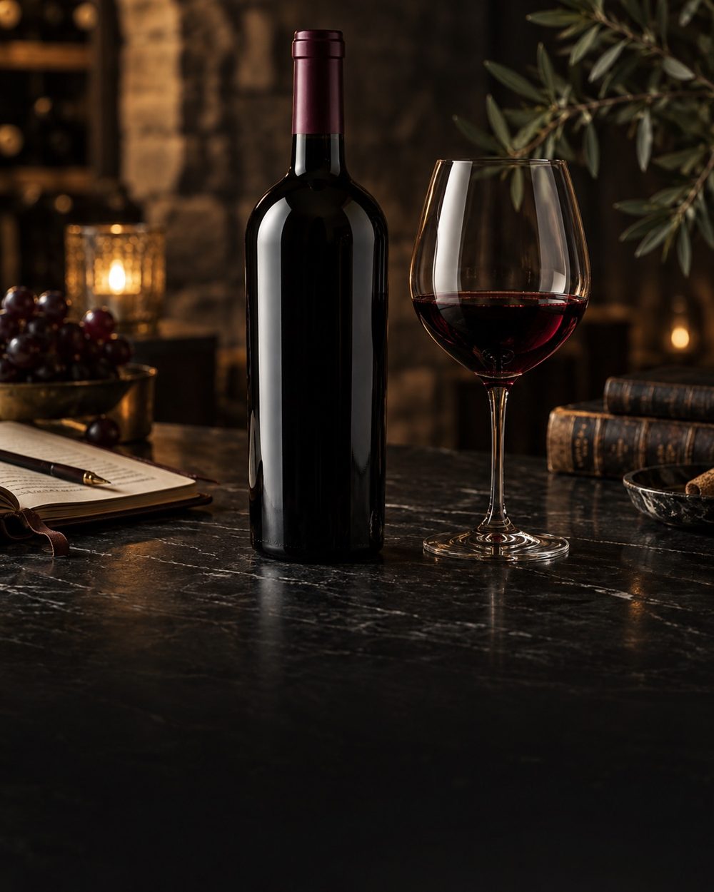 Garrafa de vinho tinto e taça em adega à luz de velas